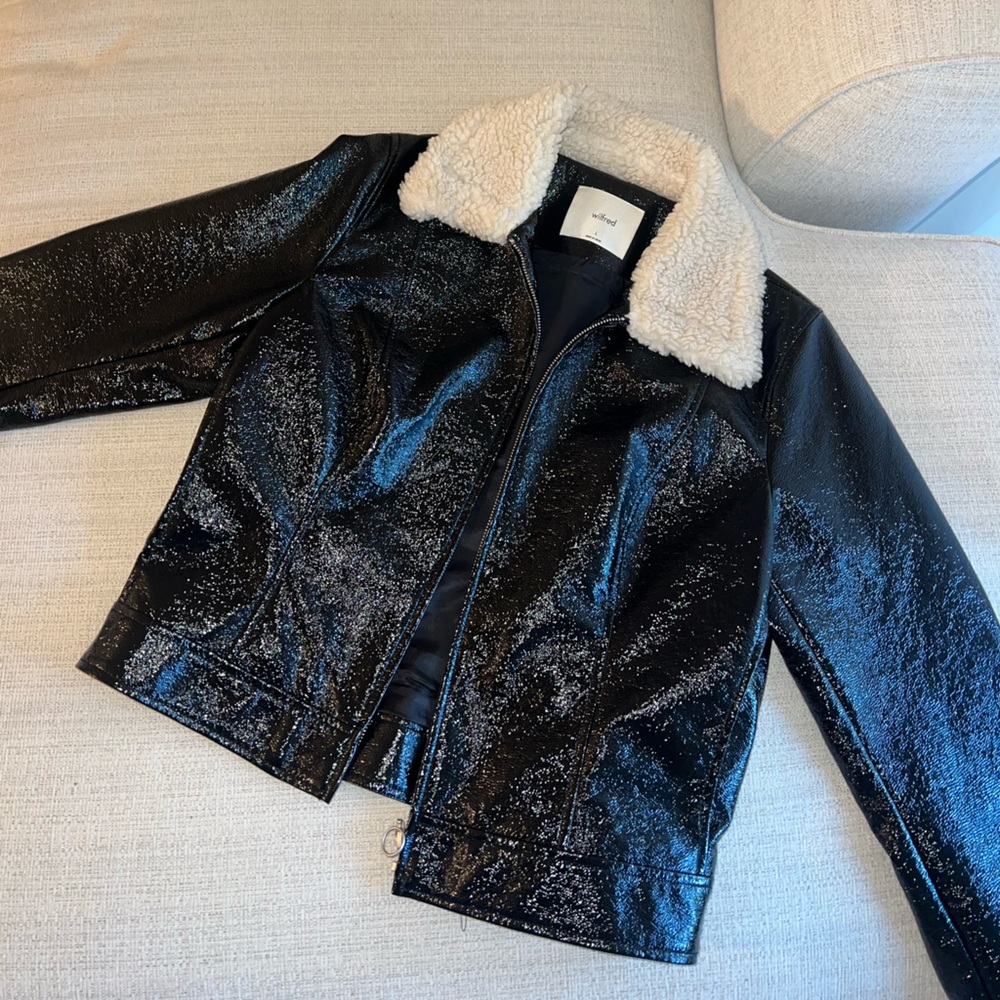 Aritzia Wilfred Tempest Vegan Sherpa Collar Black Leather Jacket